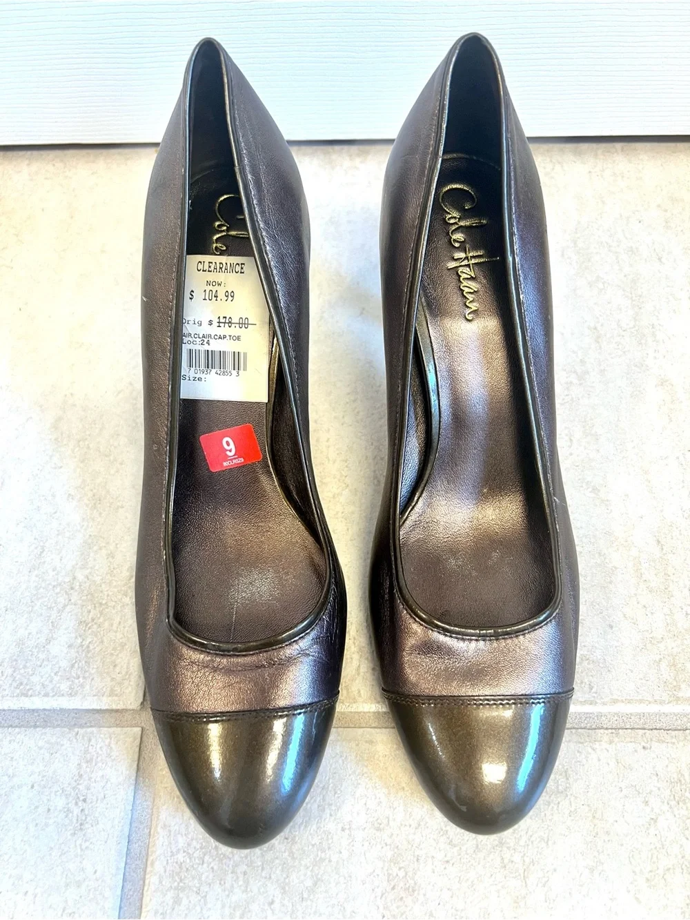 Cole Haan 9B Metallic Bronze Cap-Toe High Heels office leather sophisticated